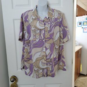 ALIA Tan Purple White Blouse Size 16W 100% Polyester